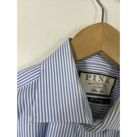 Thomas Pink The Sterling Slim Fit Dress Shirt Blue Striped Size 16 34.5 - Picture 5 of 6